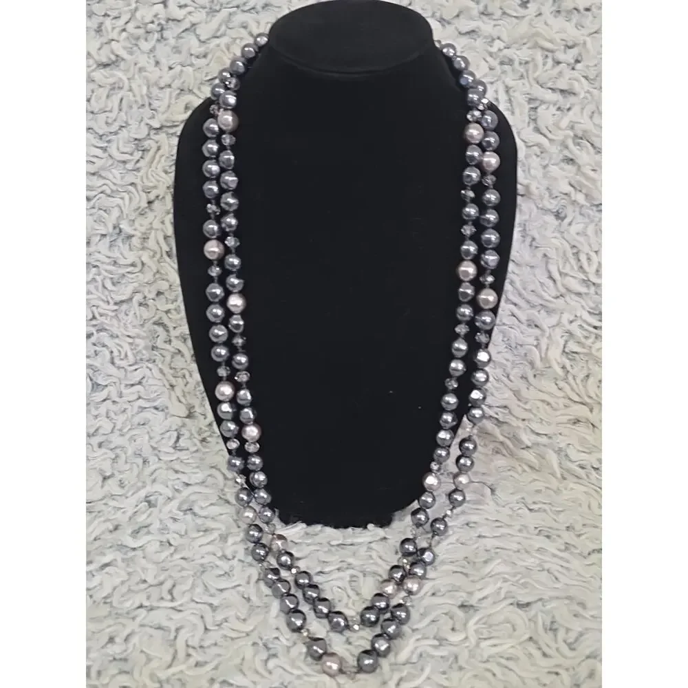 Chico's Signed Necklace Long 2 Layer Beaded Charcoal Silver Gunmetal Statement